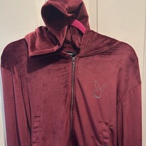 Playboy Women's Burgundy Hoodie Jacket Velour